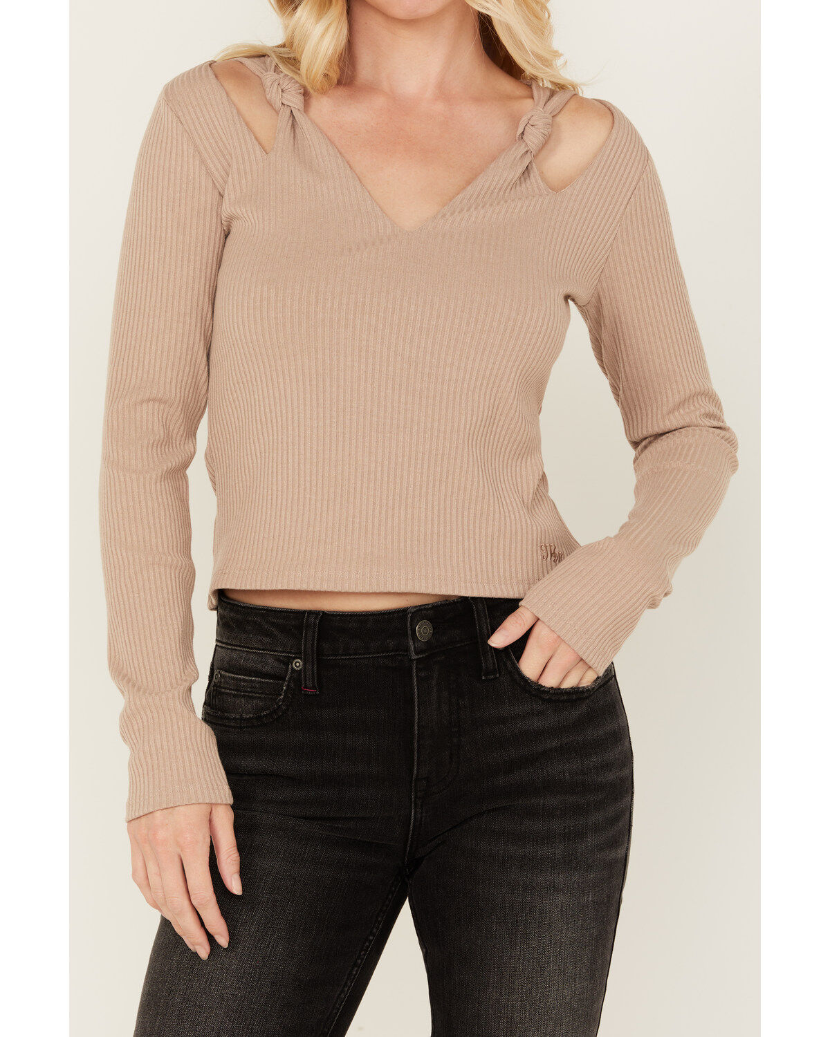 Image #2 - Miss Me Women's Boot Barn Exclusive Solid Long Sleeve Knit Top, Taupe, hi-res