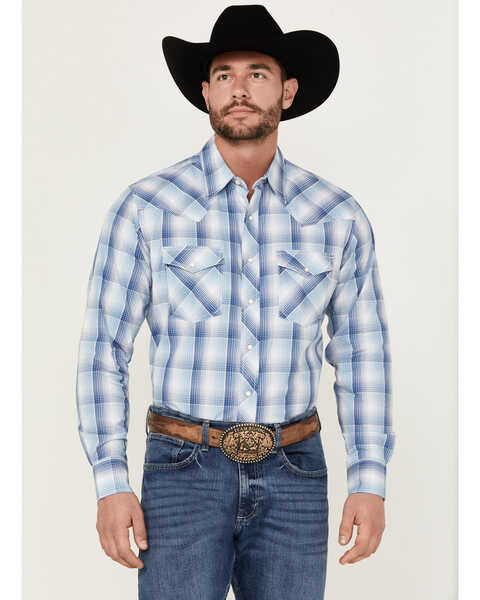 Wrangler 20X Men's Advanced Comfort Plaid Print Long Sleeve Snap Stretch Western Shirt -Tall , Blue, hi-res