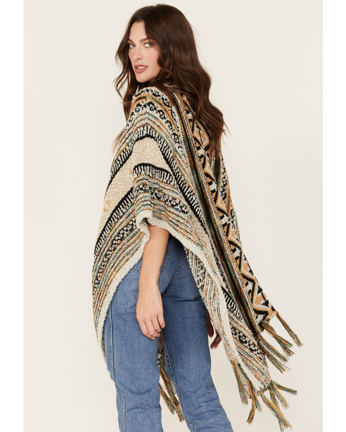 Image #4 - Shyanne Women's Southwestern Print Fringe Sweater Shawl, Sand, hi-res