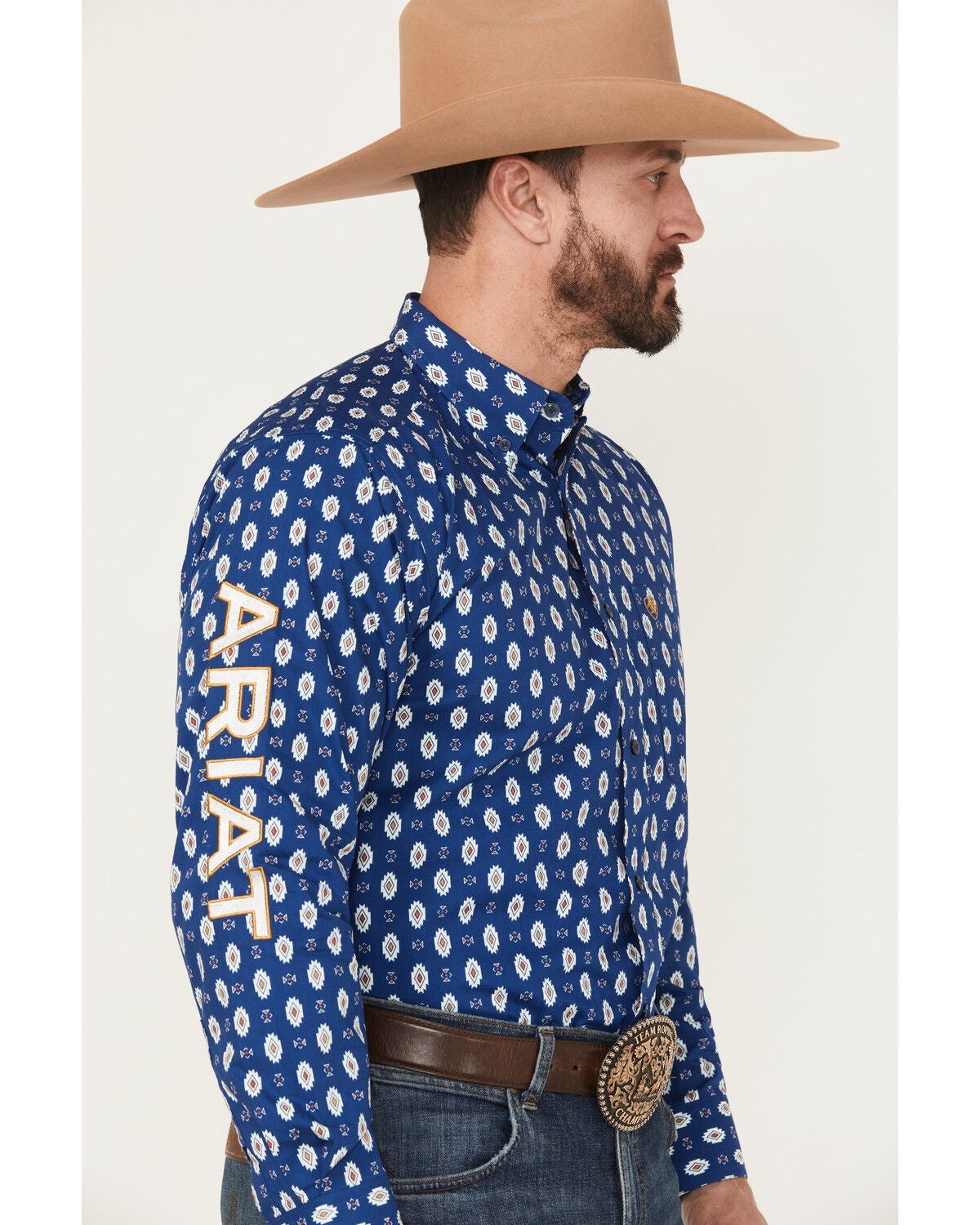 Ariat Men's Team Dax Southwestern Logo Long Sleeve Button-Down Western Shirt, Navy, hi-res