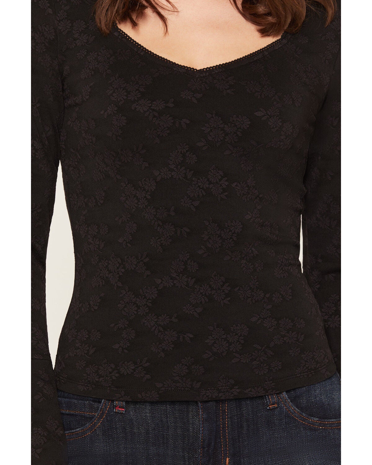 Image #3 - Idyllwind Women's Picot Trim Long Sleeve Top, Black, hi-res