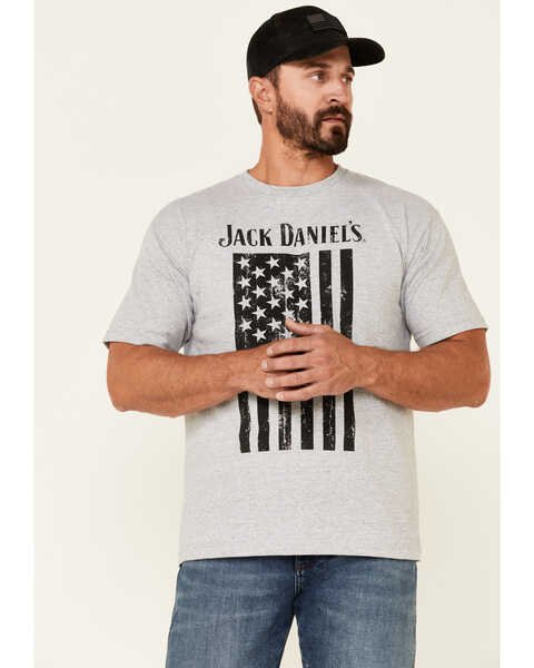 Jack Daniels' Men's Gray Bottle Banner Flag Graphic Short Sleeve T-Shirt , Grey, hi-res