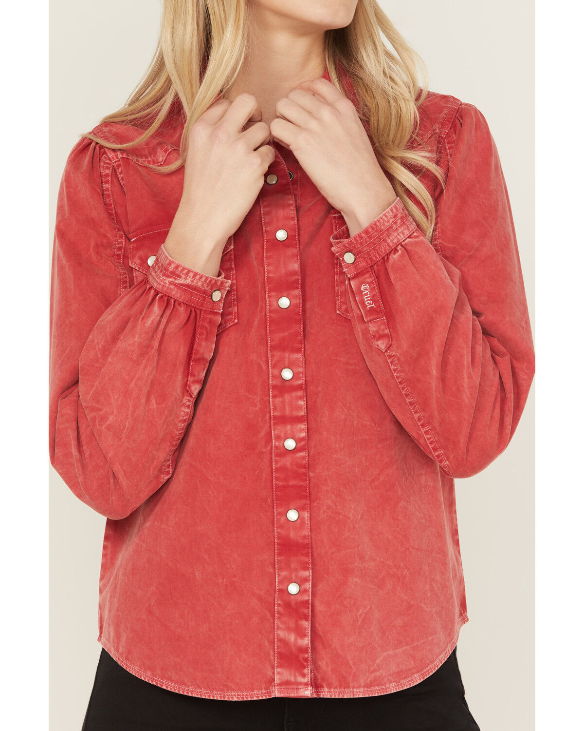 Image #3 - Cruel Girl Women's Solid Long Sleeve Snap Western Shirt, Red, hi-res