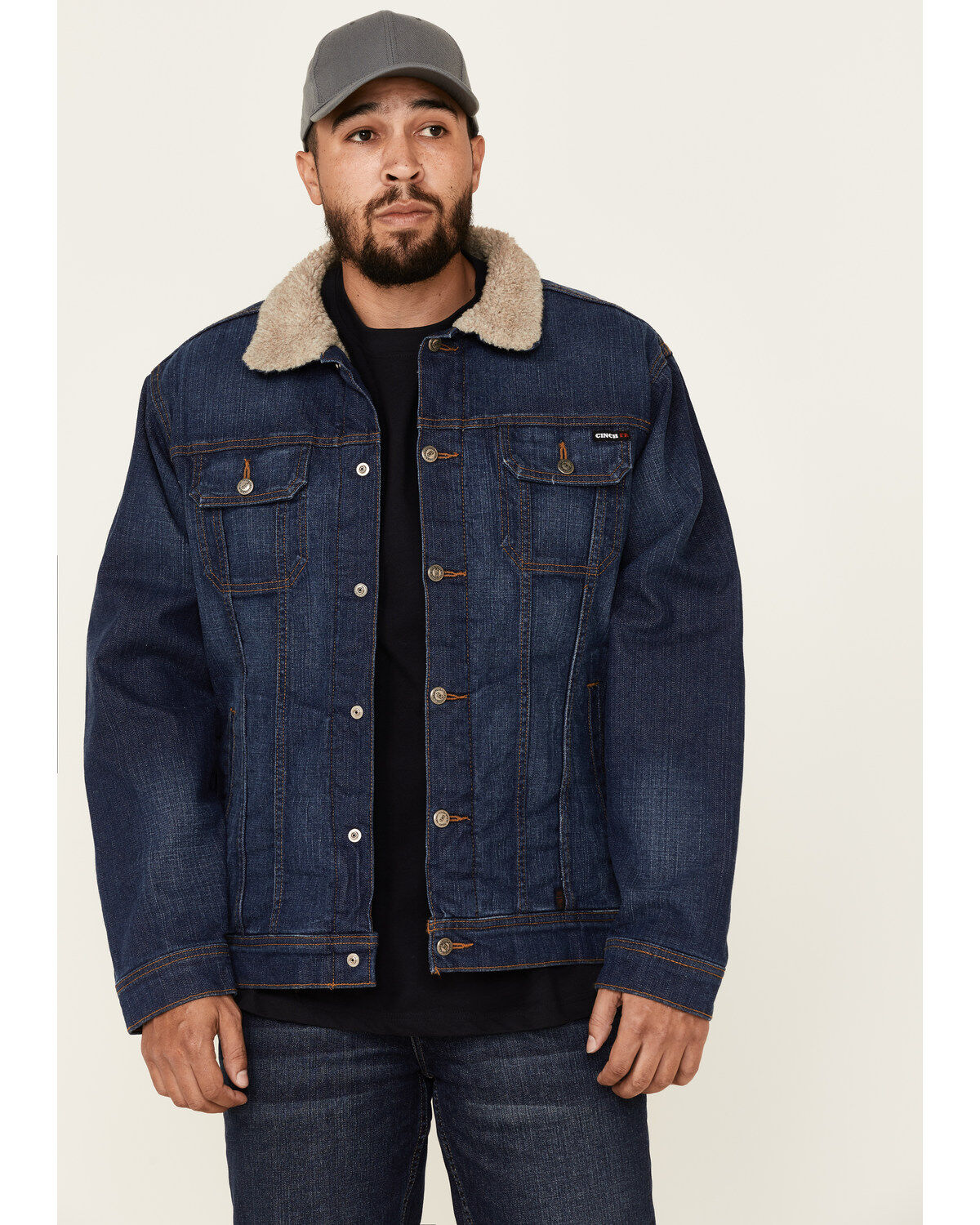 Image #1 - Cinch Men's FR Stretch Denim Sherpa Lined Trucker Work Jacket, Indigo, hi-res