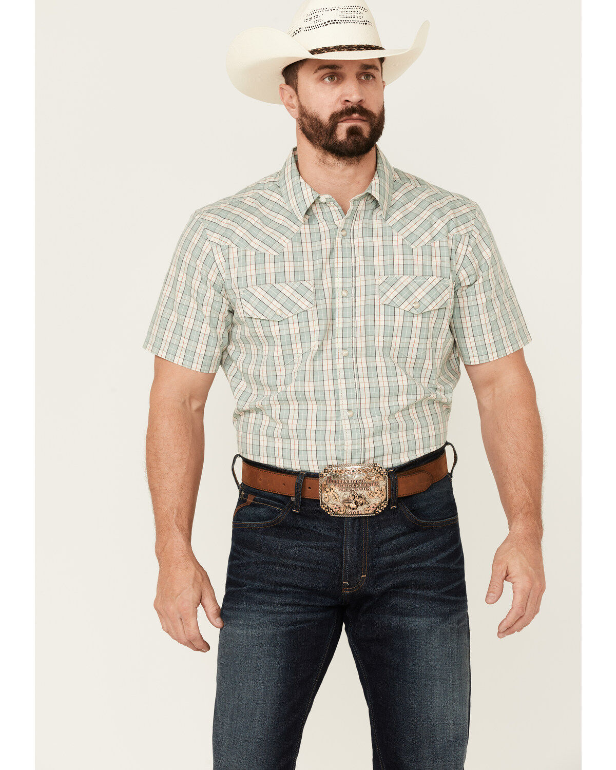Image #1 - Gibson Men's Cream Archie Plaid Print Short Sleeve Pearl Snap Western Shirt, , hi-res