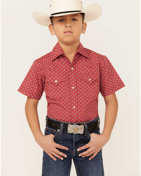Ely Walker Boys' Bandana Print Short Sleeve Snap Western Shirt , Red, hi-res