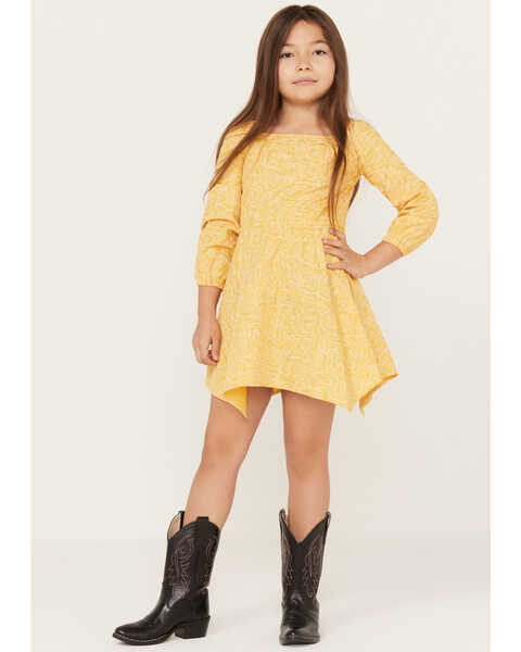 Wrangler Girls' Boot Print Long Sleeve Dress, Yellow, hi-res