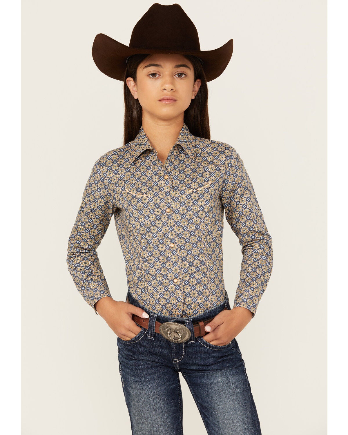 Image #1 - Cruel Girl Girls' Geo Print Long Sleeve Snap Western Shirt, , hi-res