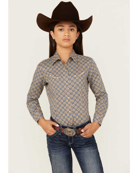 Cruel Girl Girls' Geo Print Long Sleeve Snap Western Shirt, Orange, hi-res