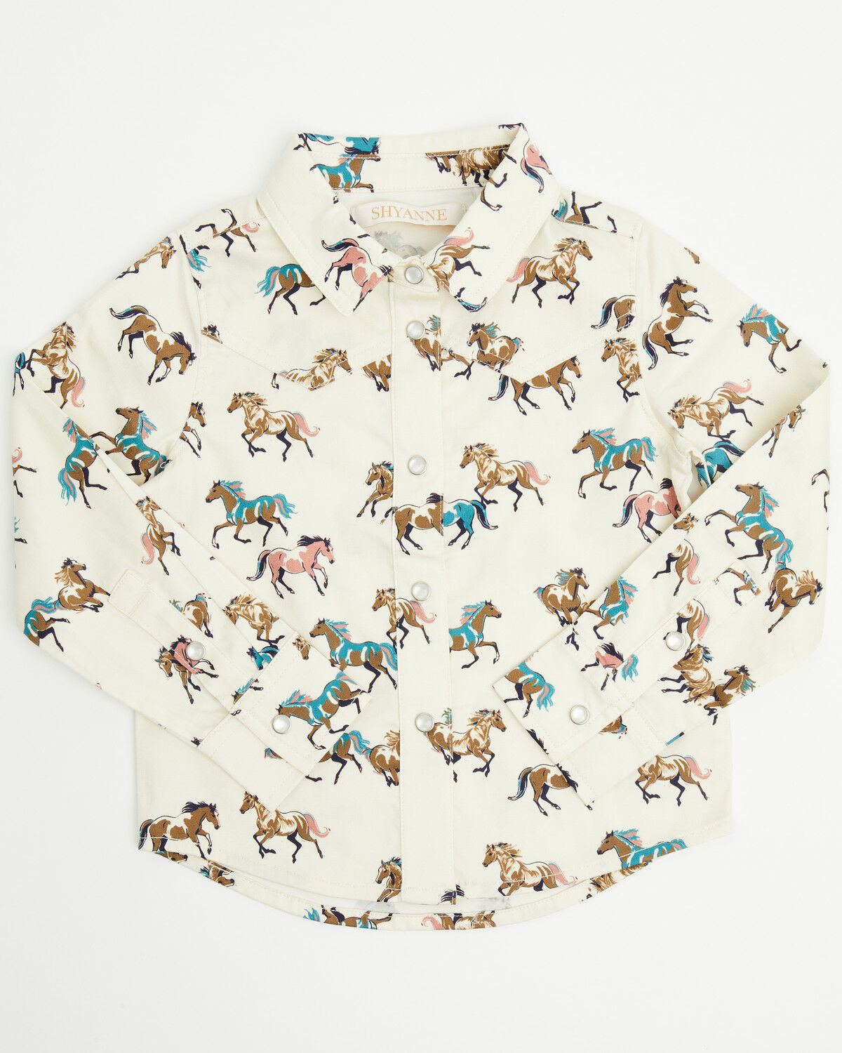 Image #1 - Shyanne Toddler Girls' Horse Print Long Sleeve Pearl Snap Stretch Western Shirt, Cream, hi-res
