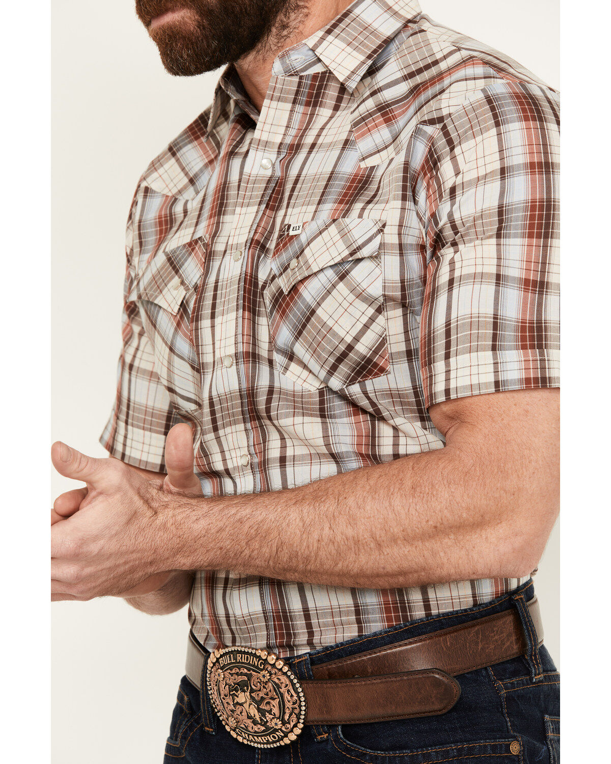 Image #3 - Ely Walker Men's Plaid Print Short Sleeve Snap Western Shirt, Brown, hi-res