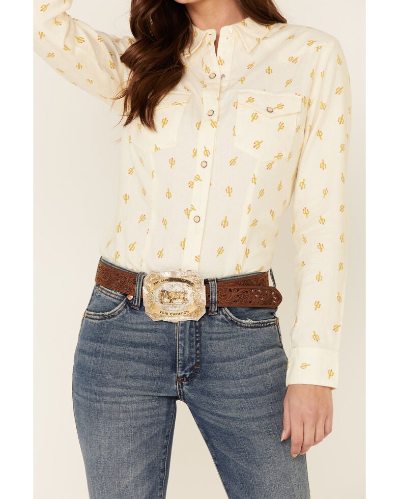 Wrangler Women's Ivory AllOver Cactus Print Long Sleeve Western Core