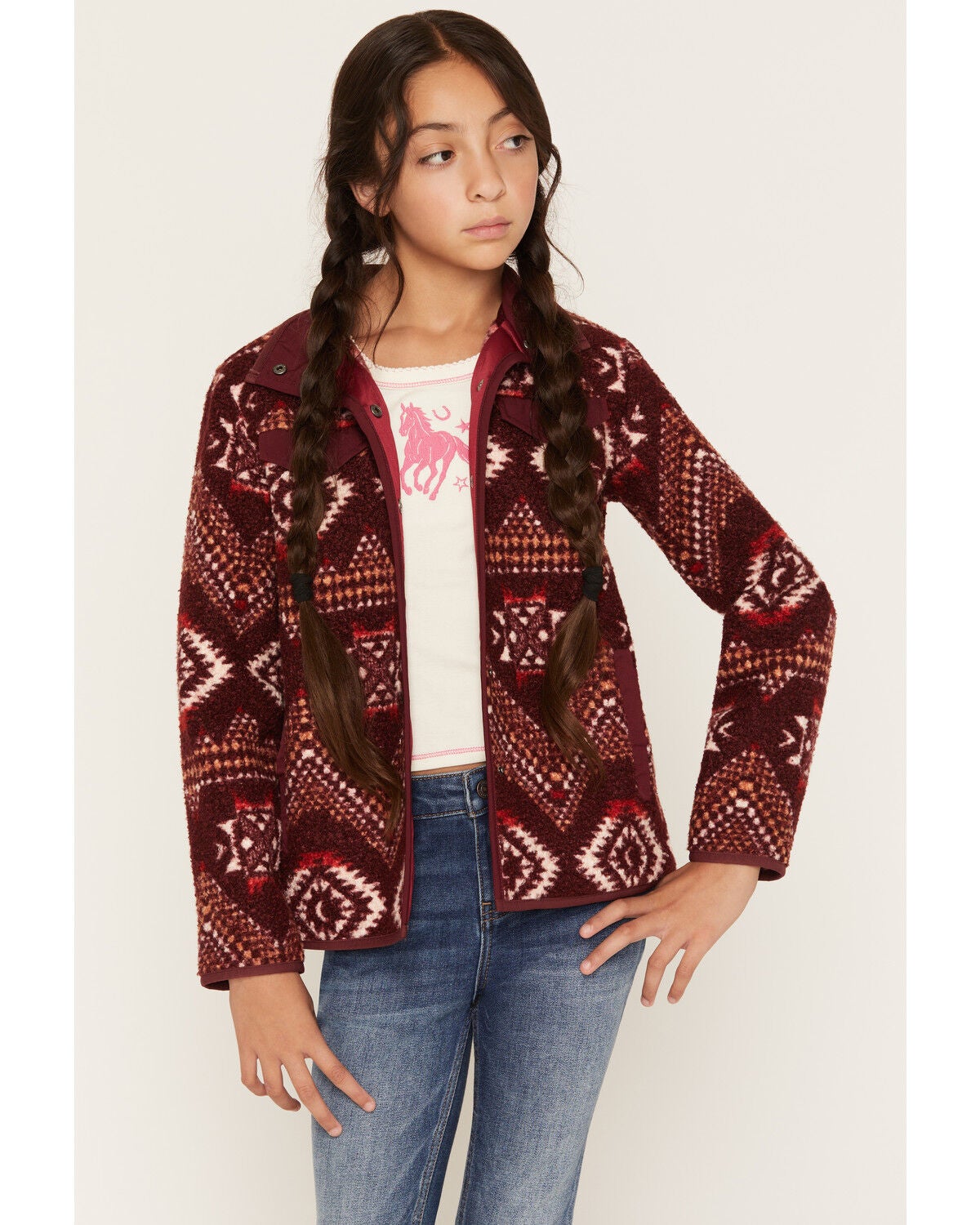 Image #1 - Panhandle Slim Girls' Southwestern Print Berber Jacket, Burgundy, hi-res