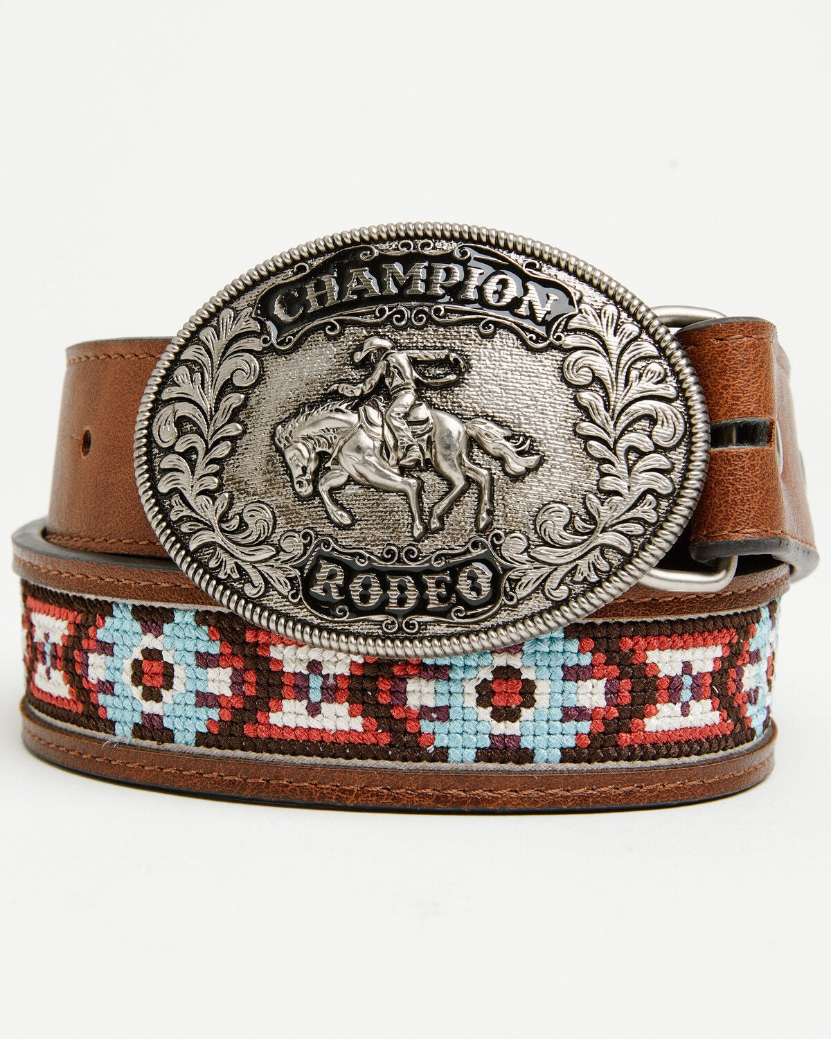 Cody James Boys' Rodeo Champ Southwestern Cross Stitched Bucked Belt, Brown, hi-res