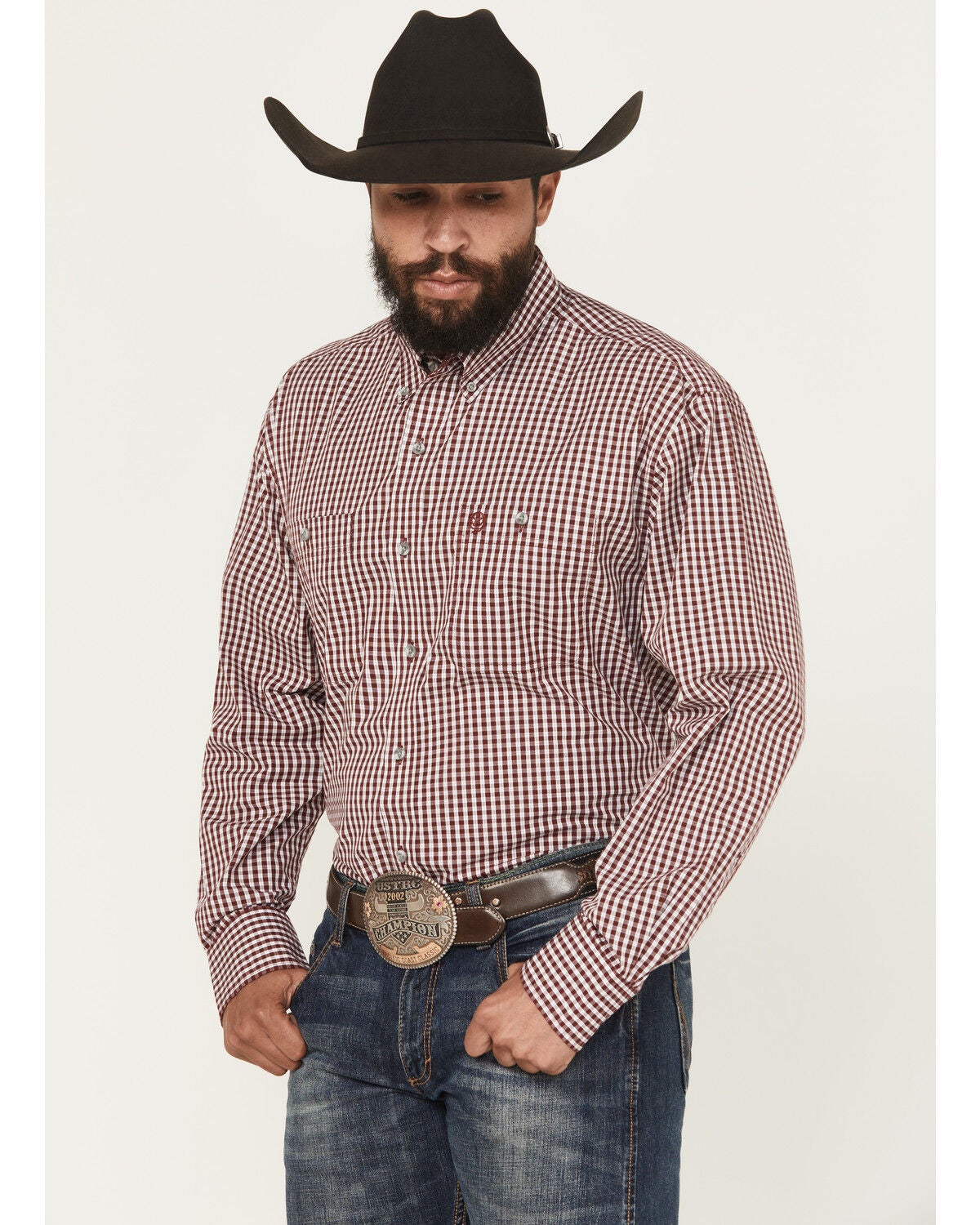 George Strait Wrangler Men's Checkered Long Sleeve Button-Down Stretch Western Shirt - Big, Wine, hi-res