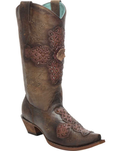 Image #1 - Corral Women's Laser-Cut Inlay Snip Toe Western Boots, Sand, hi-res