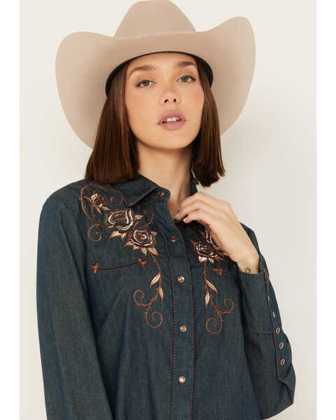 Image #2 - Scully Women's Rose Embroidered Denim Long Sleeve Pearl Snap Western Shirt, Blue, hi-res