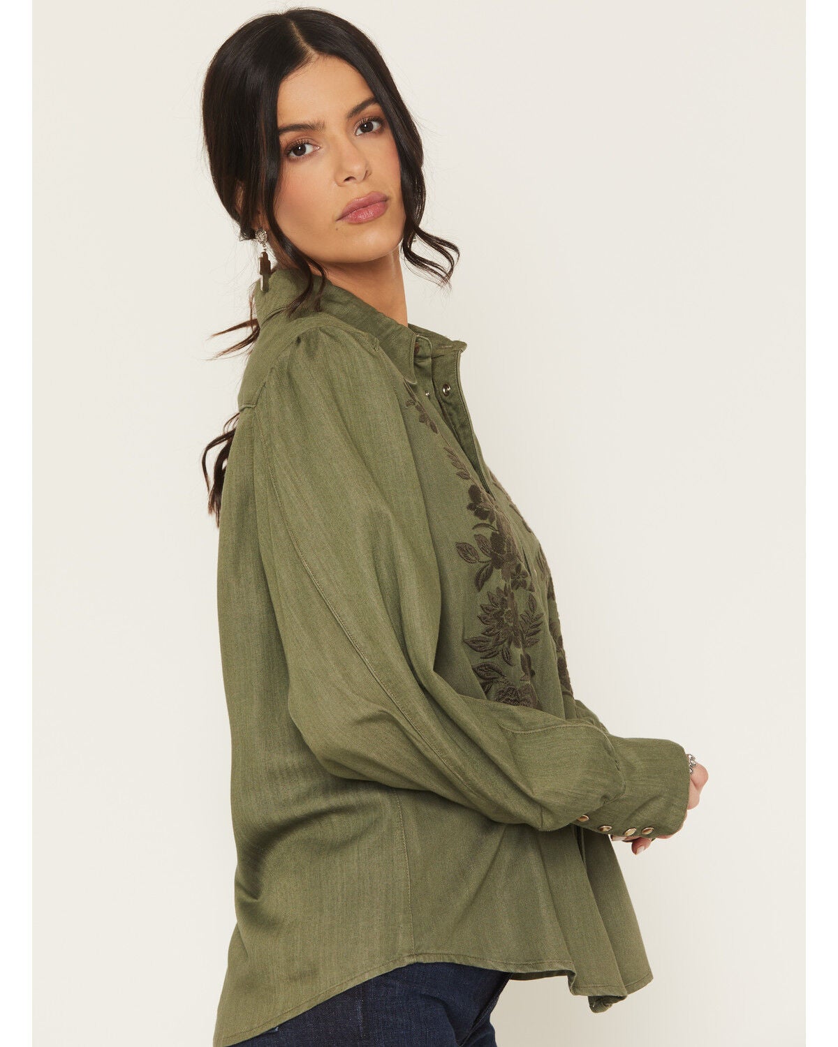 Image #2 - Kimes Ranch Women's Mae Floral Embroidered Long Sleeve Snap Relaxed Fit Western Shirt, Olive, hi-res