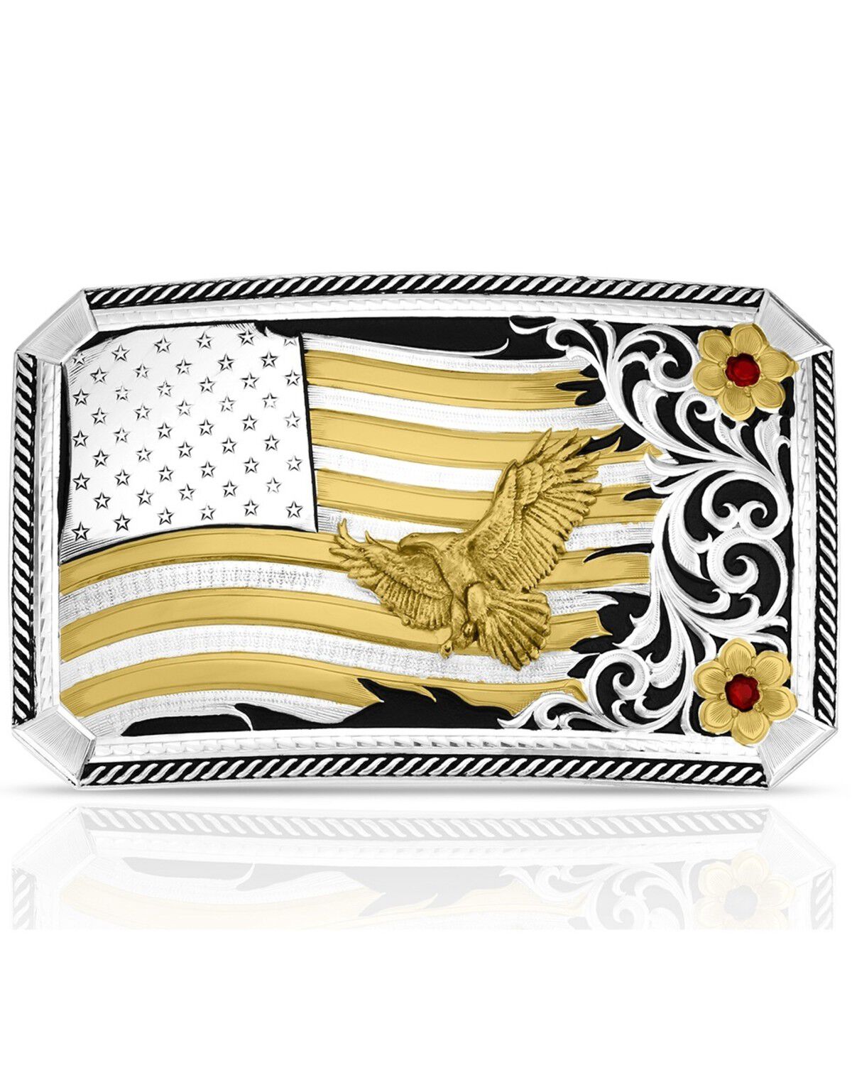 Montana Silversmiths Two-Toned Flag and Filigree Belt Buckle, Silver, hi-res