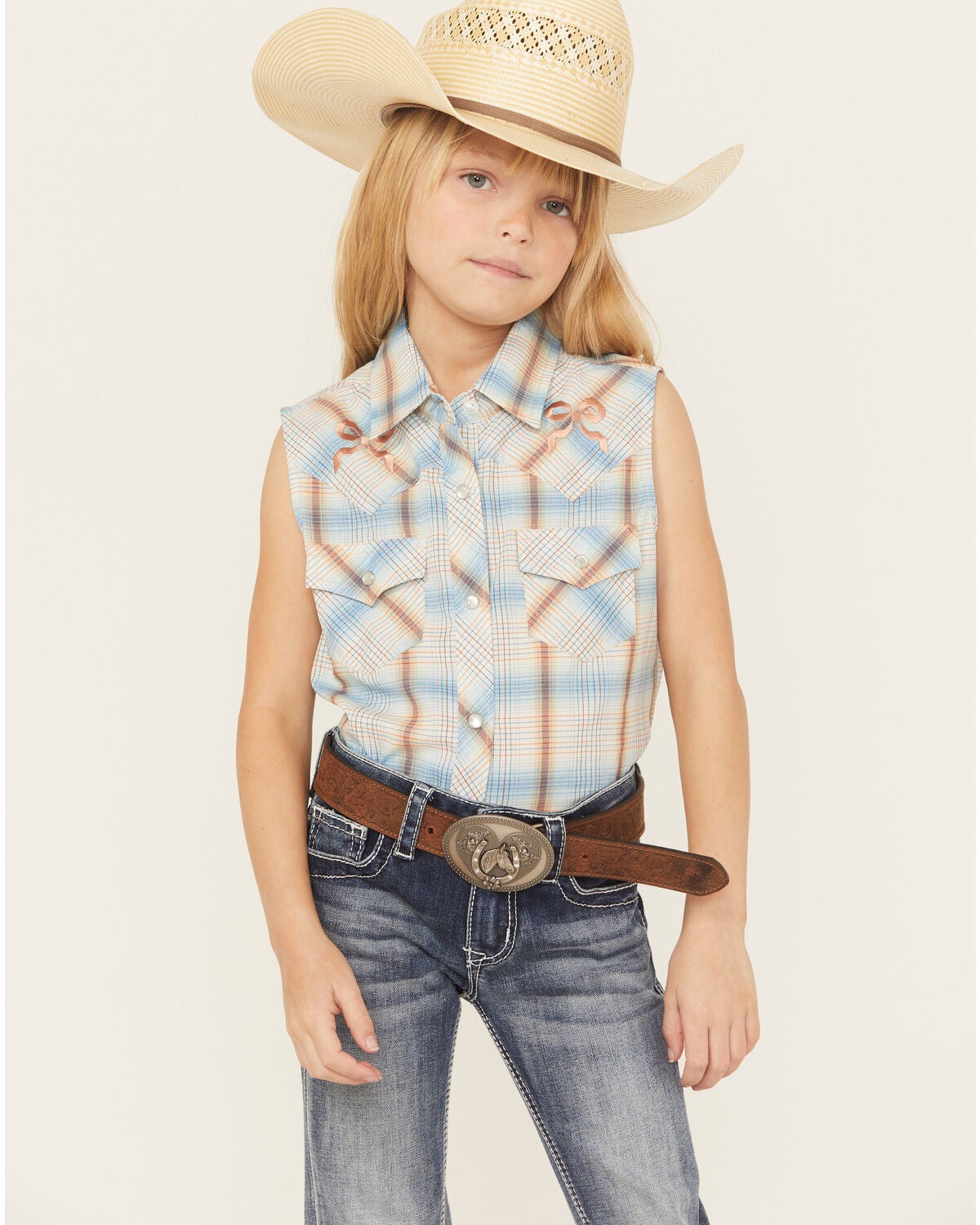 Ely Walker Girls' Plaid Print Sleeveless Snap Western Shirt, Blue, hi-res