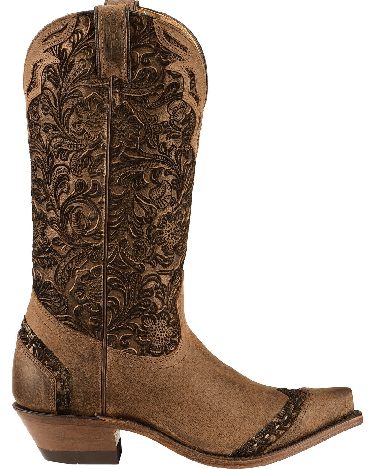 Image #2 - Boulet Women's Fancy Hand Tooled Inlay Western Boots - Snip Toe, Tobacco, hi-res