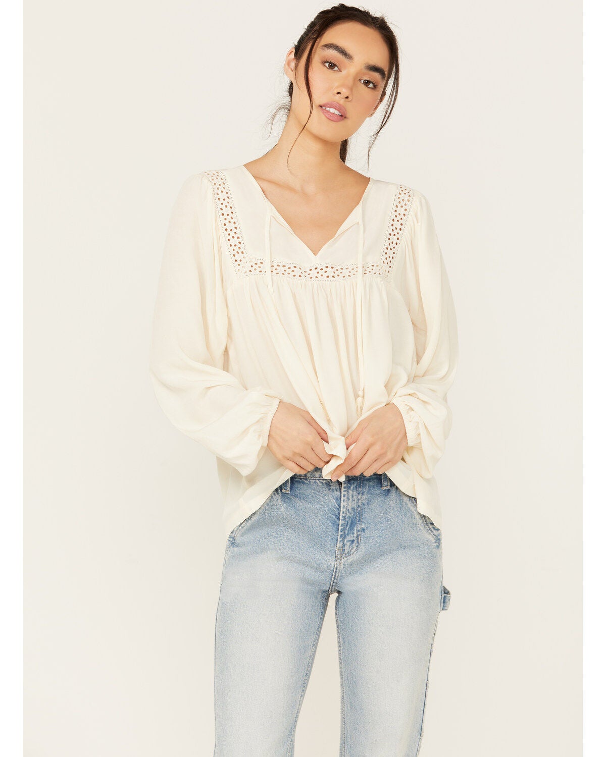 Cleo + Wolf Women's Austin Long Blouson Sleeve Painters Blouse, Cream, hi-res