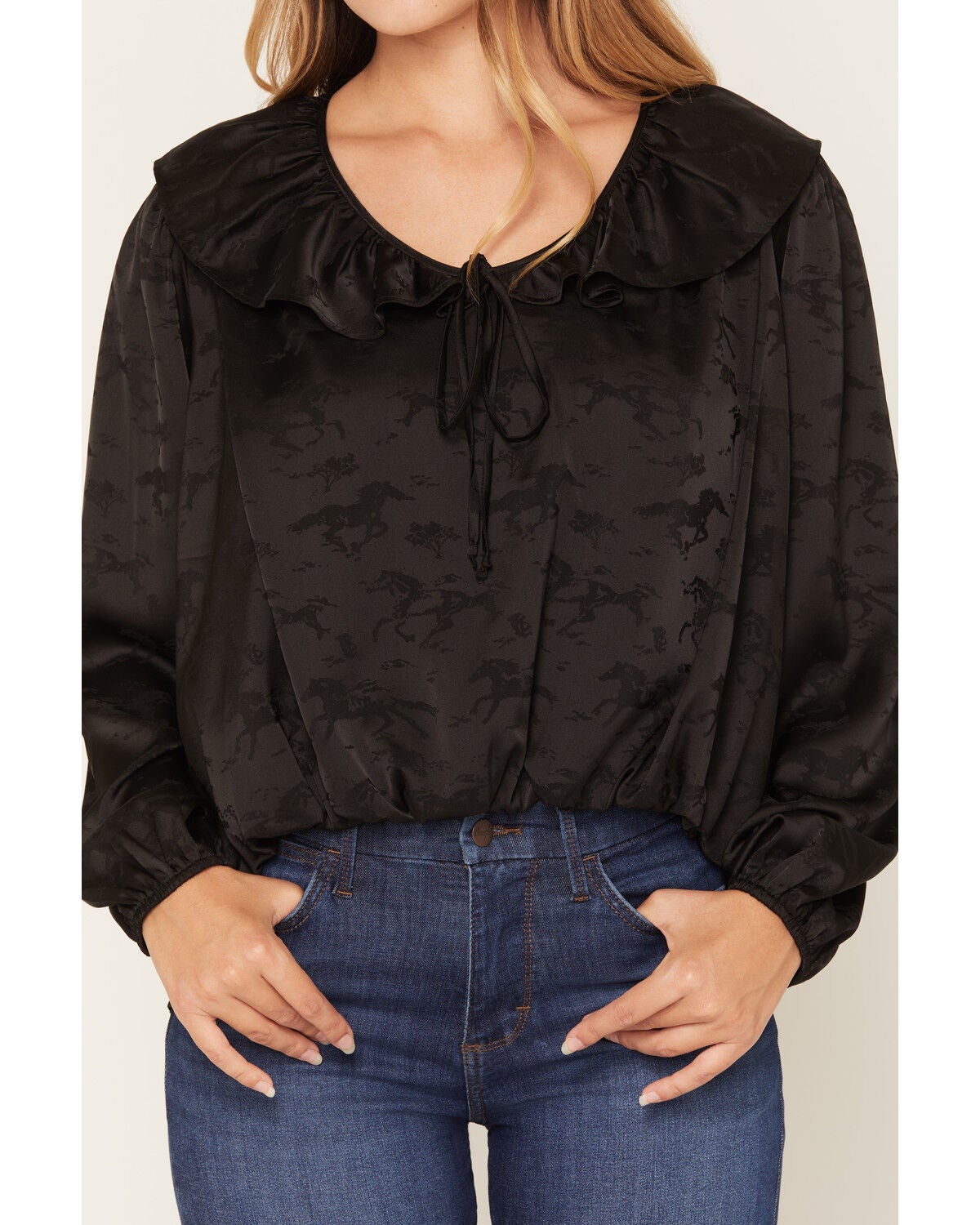 Image #3 - Wild Moss Women's Horse Print Bubble Hem Long Sleeve Top, Black, hi-res