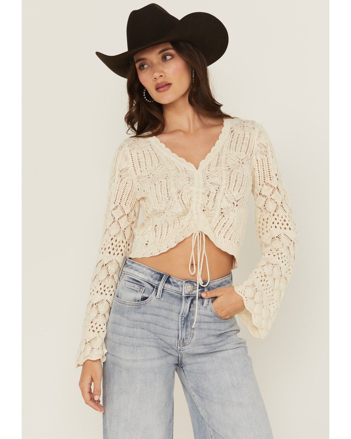 Shyanne Women's Ruched Front Bell Sleeve Sweater, Ivory, hi-res