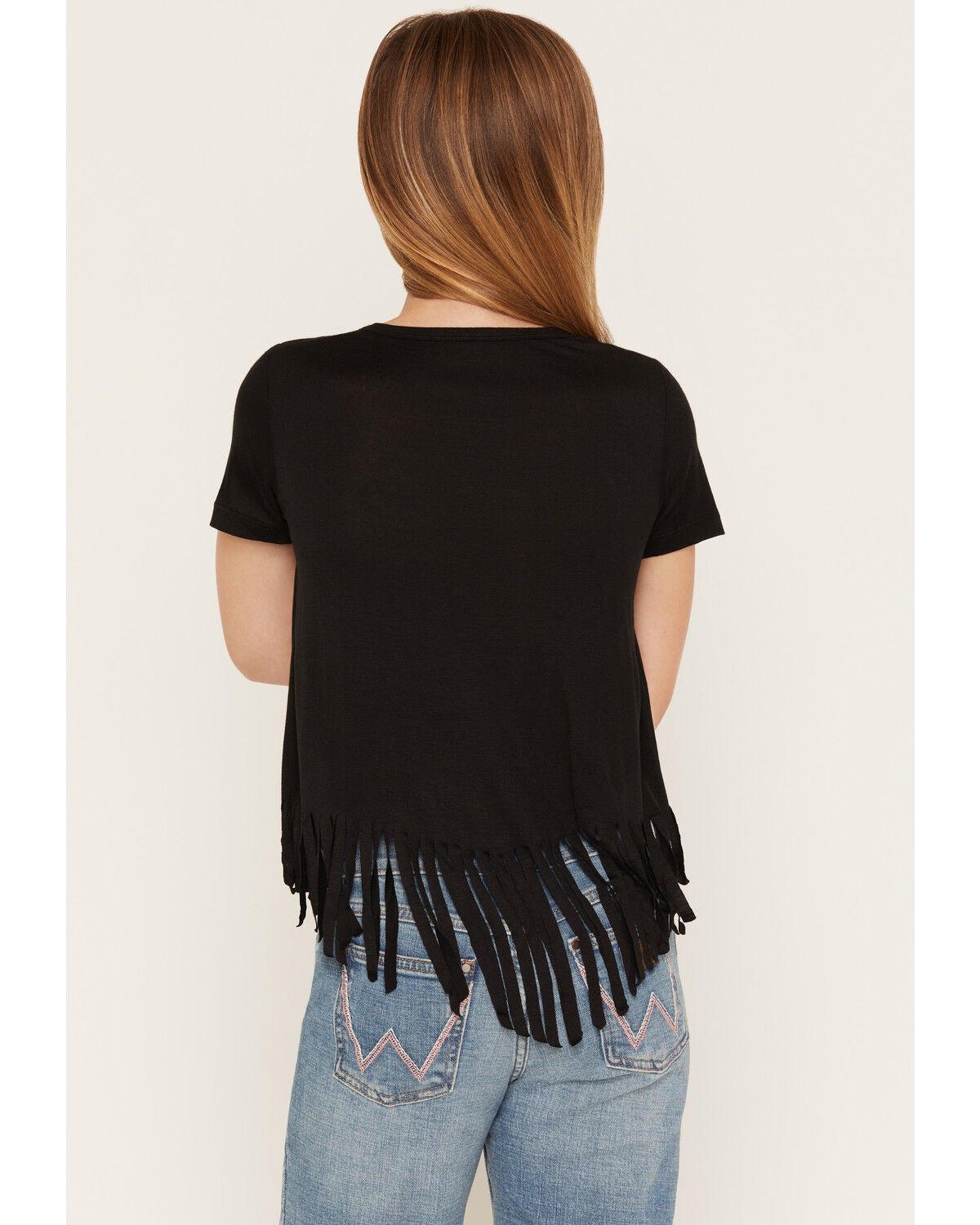 Image #4 - Cowgirl Hardware Girls' Sassy Cowgirl Embellished Fringe Short Sleeve Tee, Black, hi-res