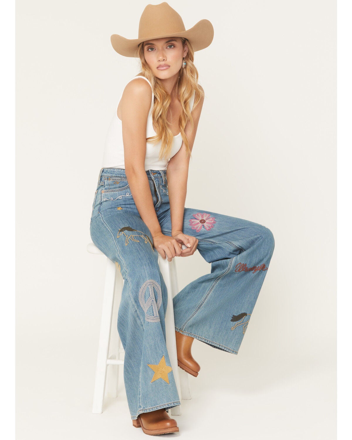Wrangler X Lainey Wilson Women's Medium Wash High Rise Embroidered Cheeky Wide Leg Denim Jeans, Medium Wash, hi-res