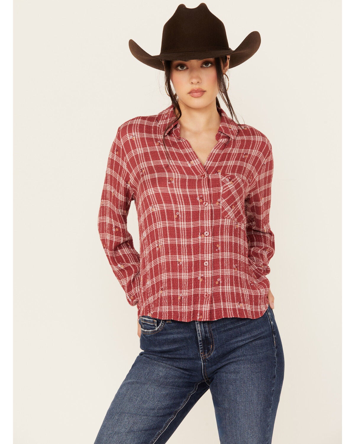 Beyond The Radar Women's Plaid Print Floral Long Sleeve Button-Down Shirt, Burgundy, hi-res