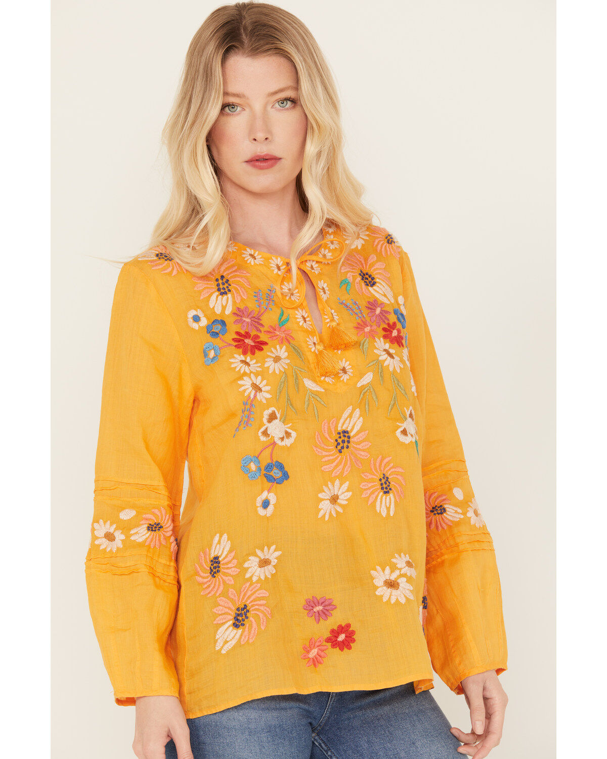 Image #2 - Johnny Was Women's Marissa Floral Embroidered Long Sleeve Pintuck Blouse, Gold, hi-res