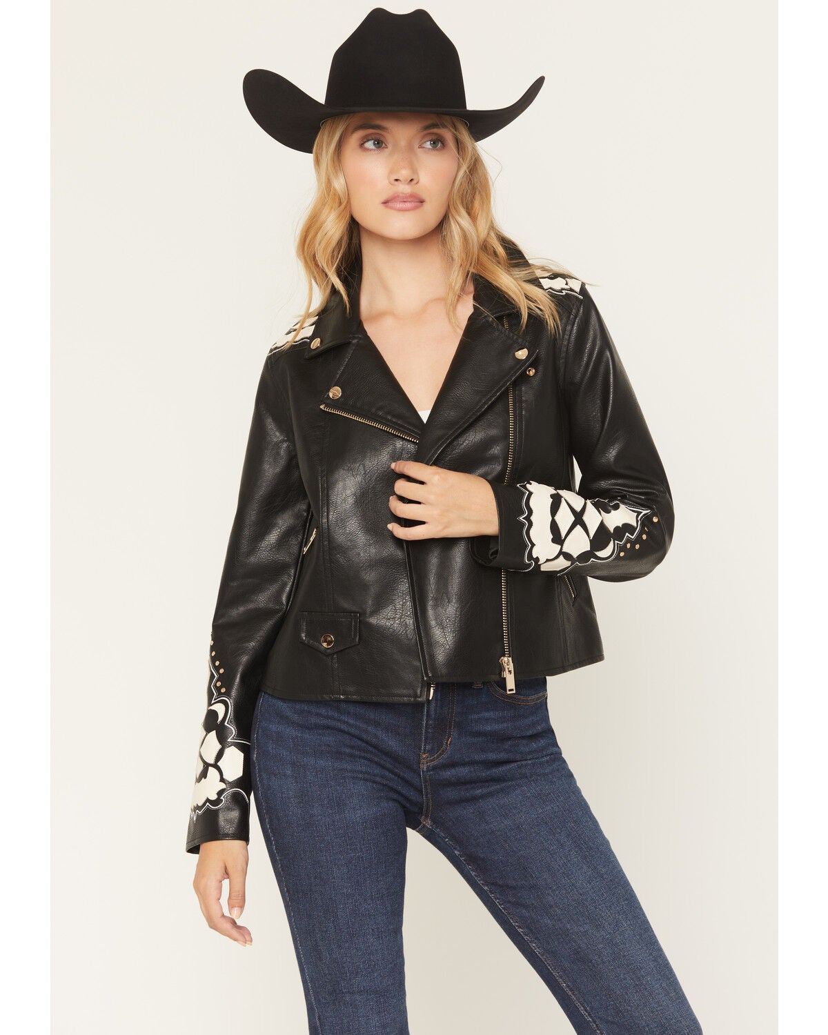 Stoosh Women's Embellished Faux Leather Jacket, Black, hi-res