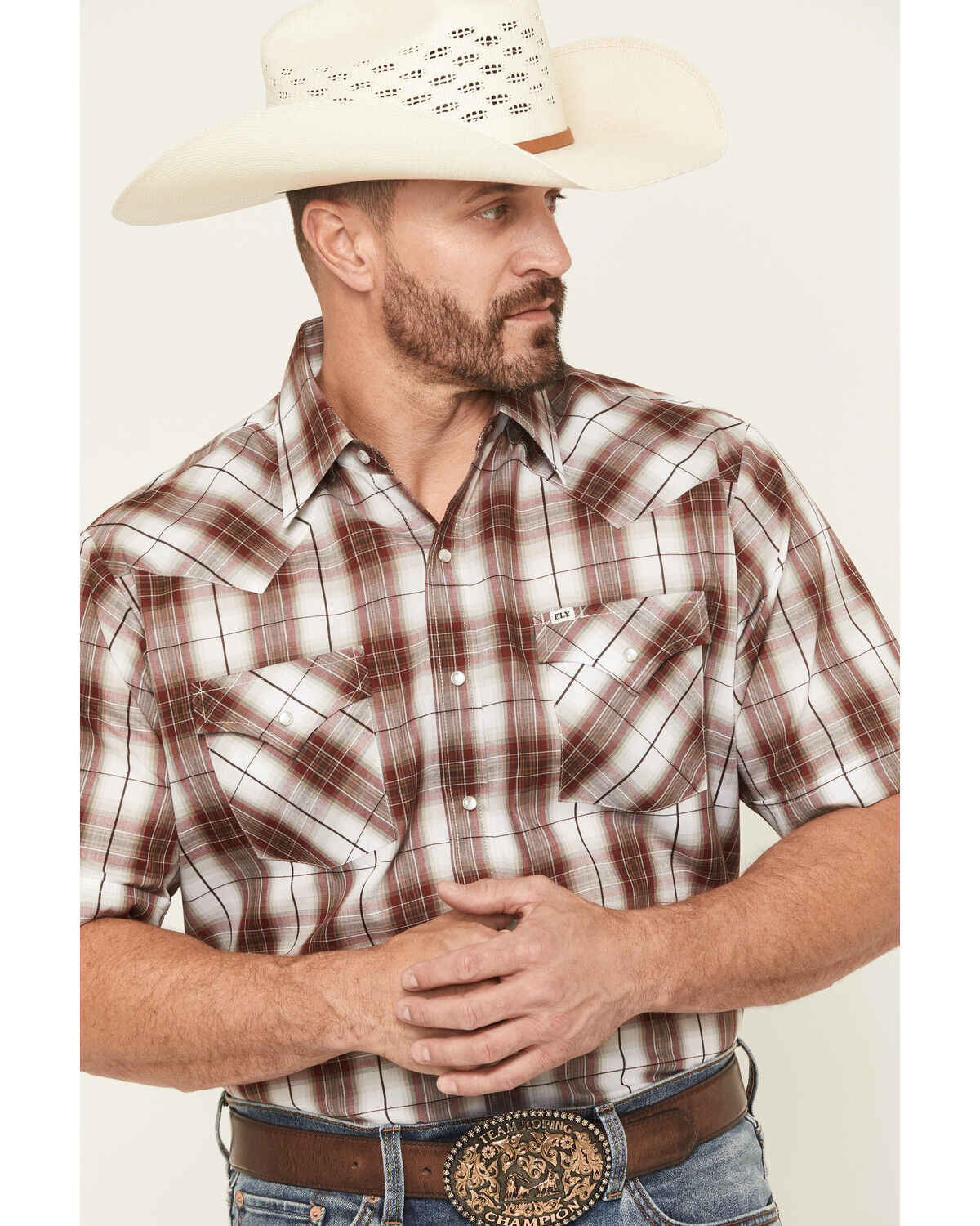 Image #2 - Ely Walker Men's Plaid Print Short Sleeve Snap Western Shirt, Burgundy, hi-res