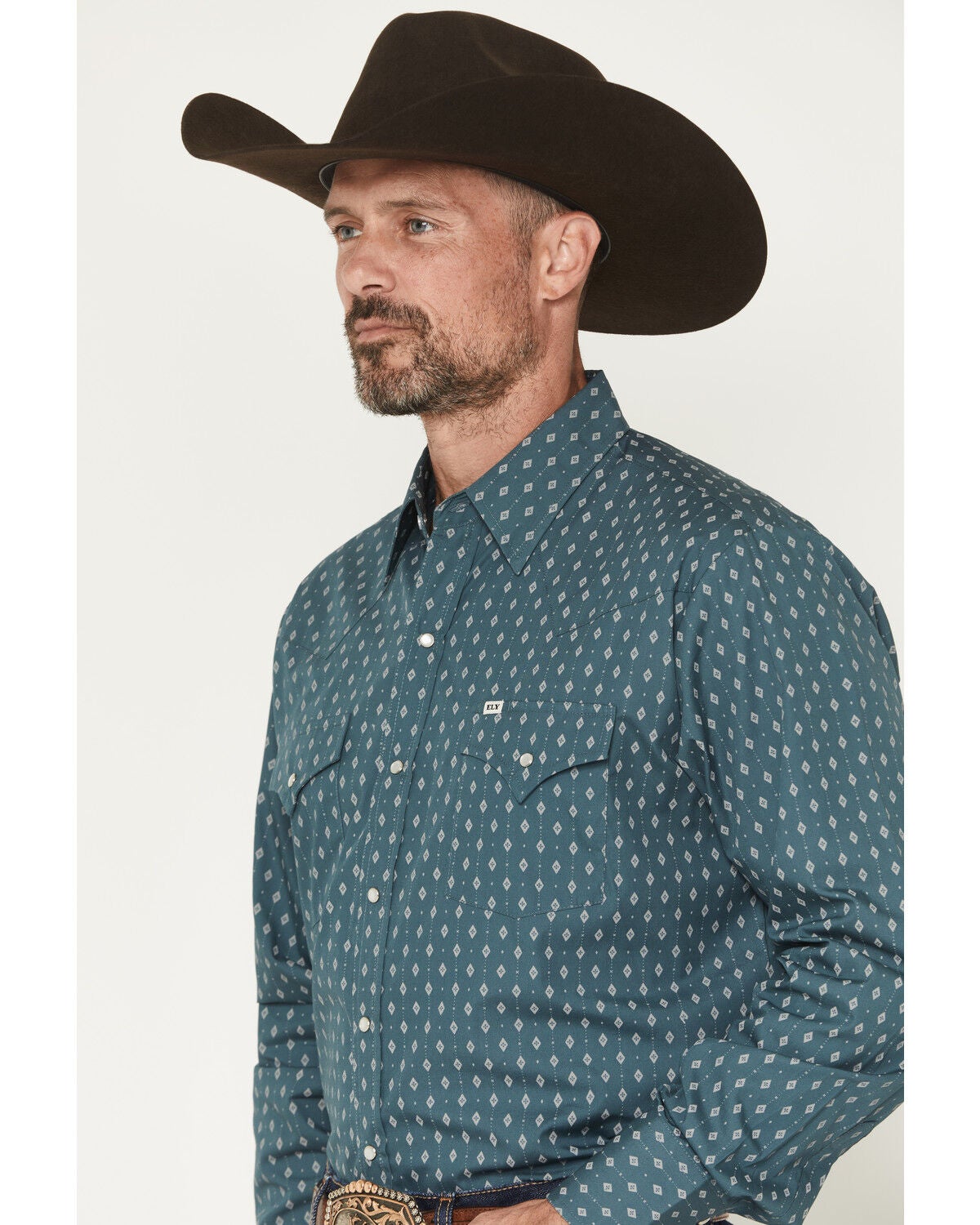 Image #2 - Ely Walker Men's Geo Print Long Sleeve Pearl Snap Western Shirt, Teal, hi-res
