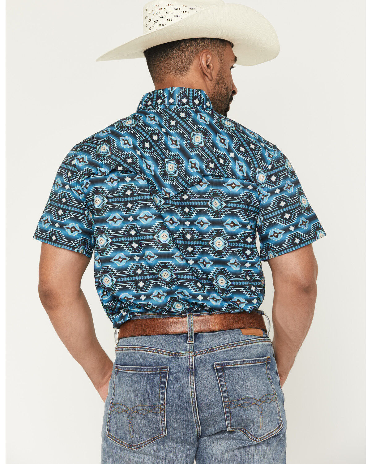 Image #4 - Rock & Roll Denim Men's TEK Southwestern Print Short Sleeve Snap Western Shirt, Blue, hi-res