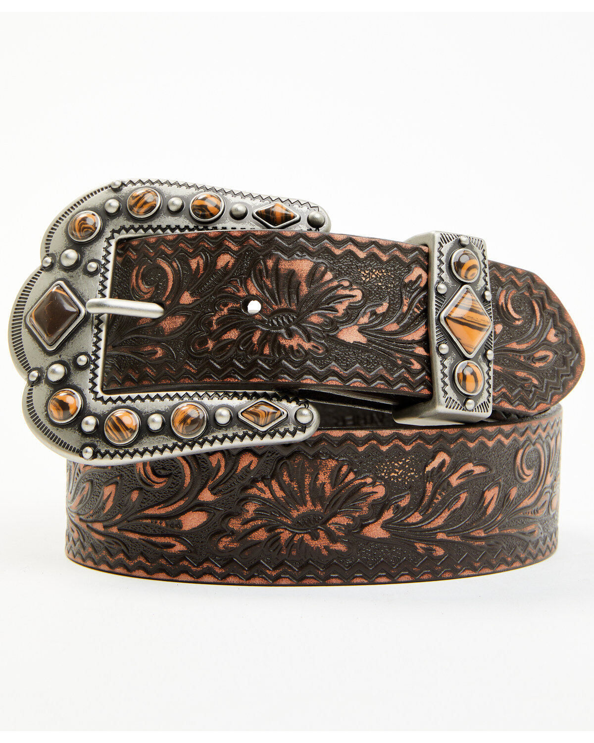 Image #1 - Shyanne Women's Stone Buckle Tooled Belt, Brown, hi-res