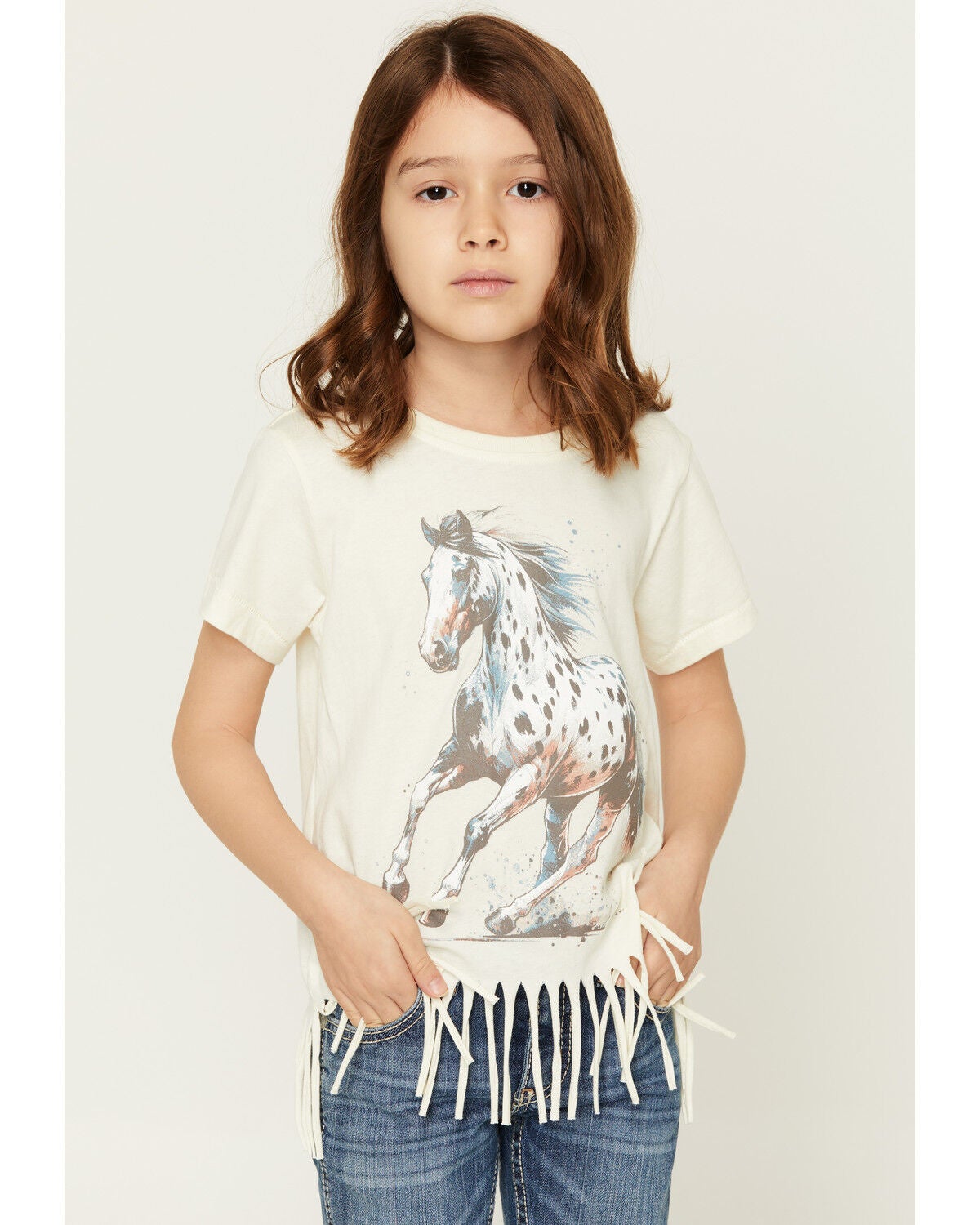 Shyanne Girls' Maisie Spotted Horse Fringe Short Sleeve Graphic Tee, Cream, hi-res