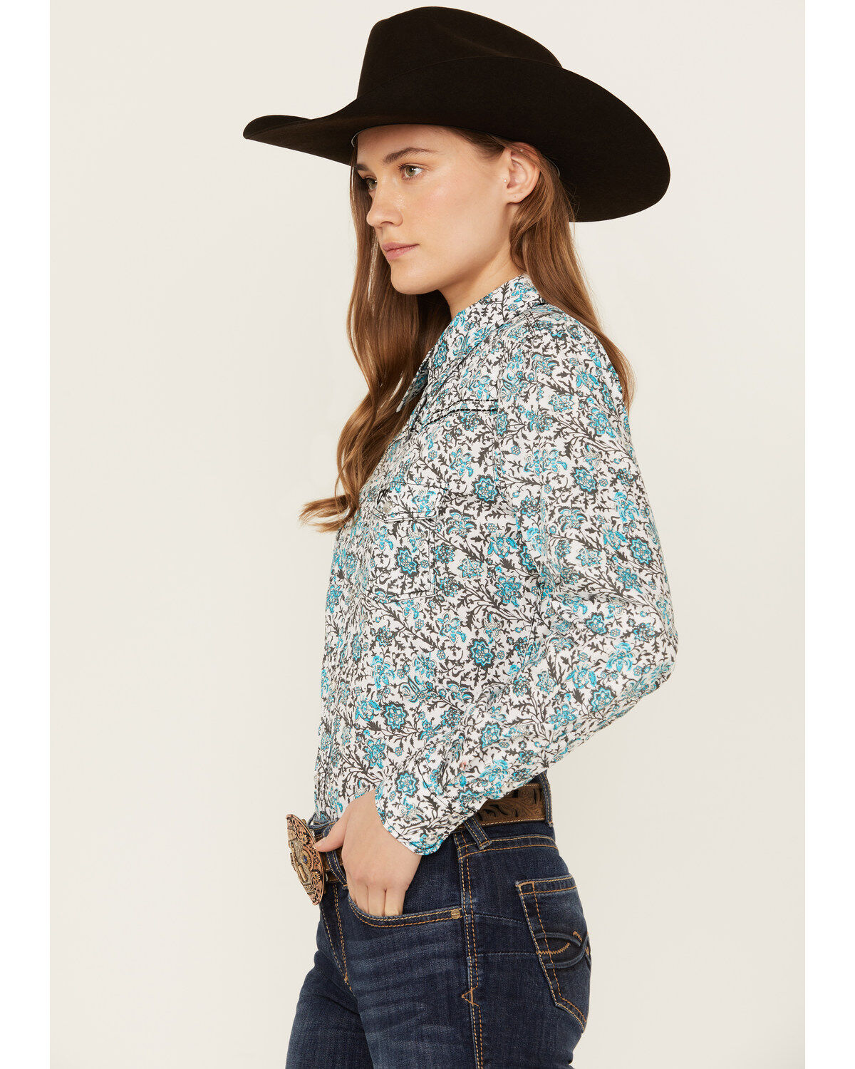 Image #2 - Cowgirl Hardware Floral Print Long Sleeve Snap Western Shirt, Turquoise, hi-res