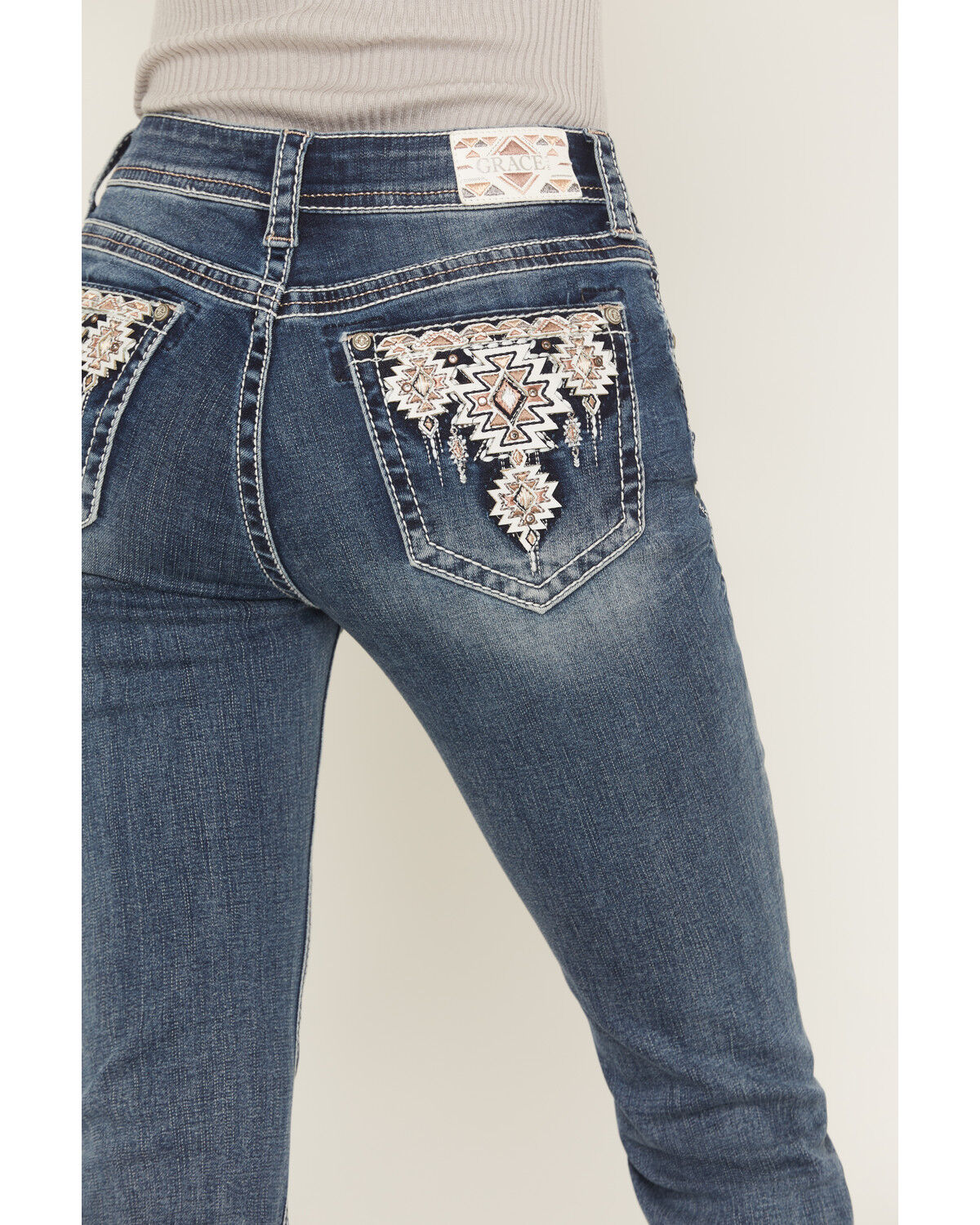 Image #2 - Grace in LA Women's Medium Wash Mid Rise Embellished 30" Bootcut Stretch Denim Jeans, Medium Wash, hi-res