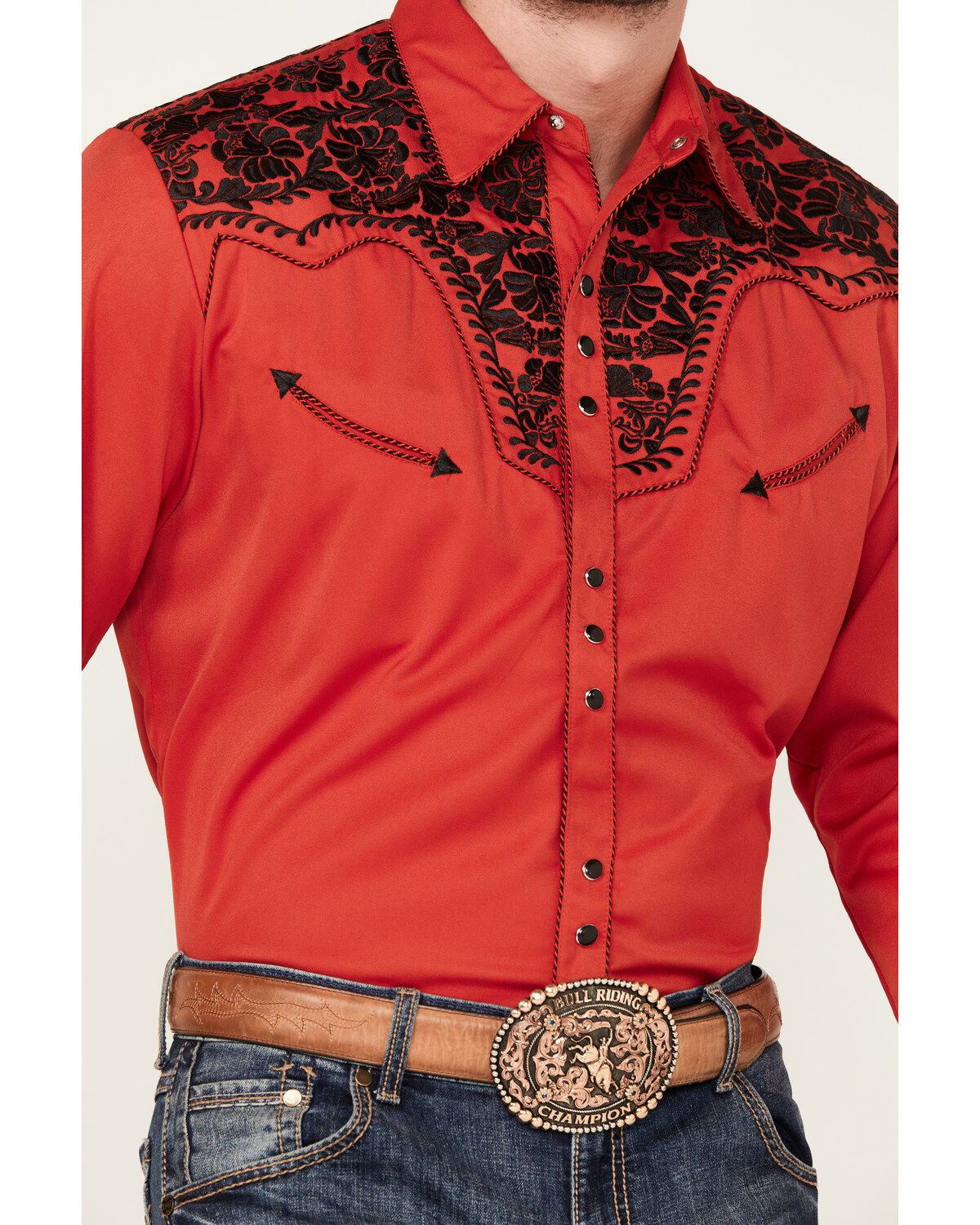Image #4 - Scully Men's Embroidered Red Retro Long Sleeve Western Shirt, , hi-res