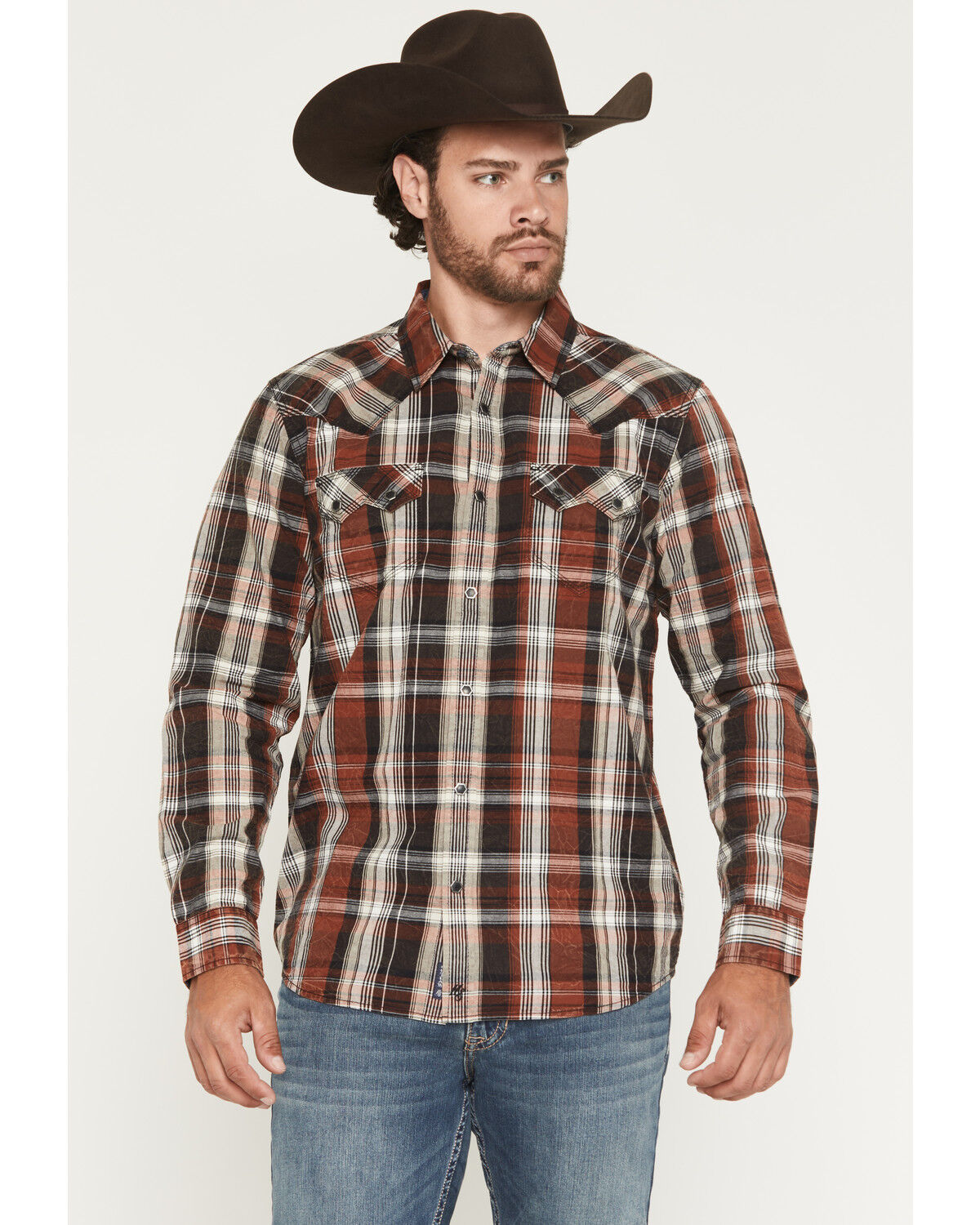 Image #1 - Moonshine Spirit Men's The Riff Crackle Plaid Print Long Sleeve Snap Western Shirt, Black, hi-res