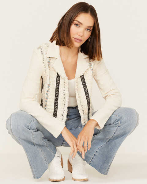 Shyanne Women's Embroidered Stripe Frayed Shacket , Off White, hi-res