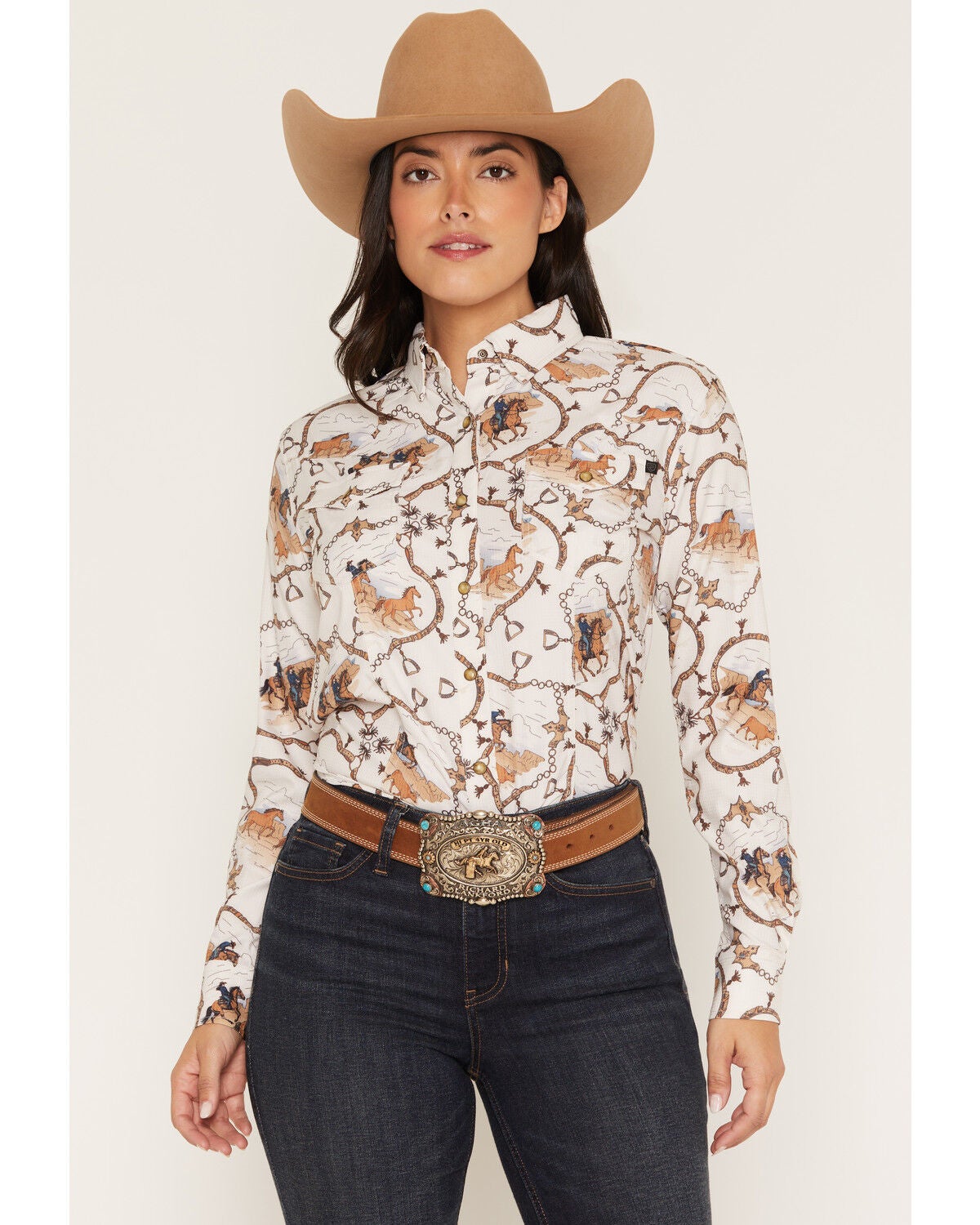 Rock & Roll Denim Women's Stirrup Tek Conversational Print Long Sleeve Snap Stretch Western Shirt, Cream, hi-res
