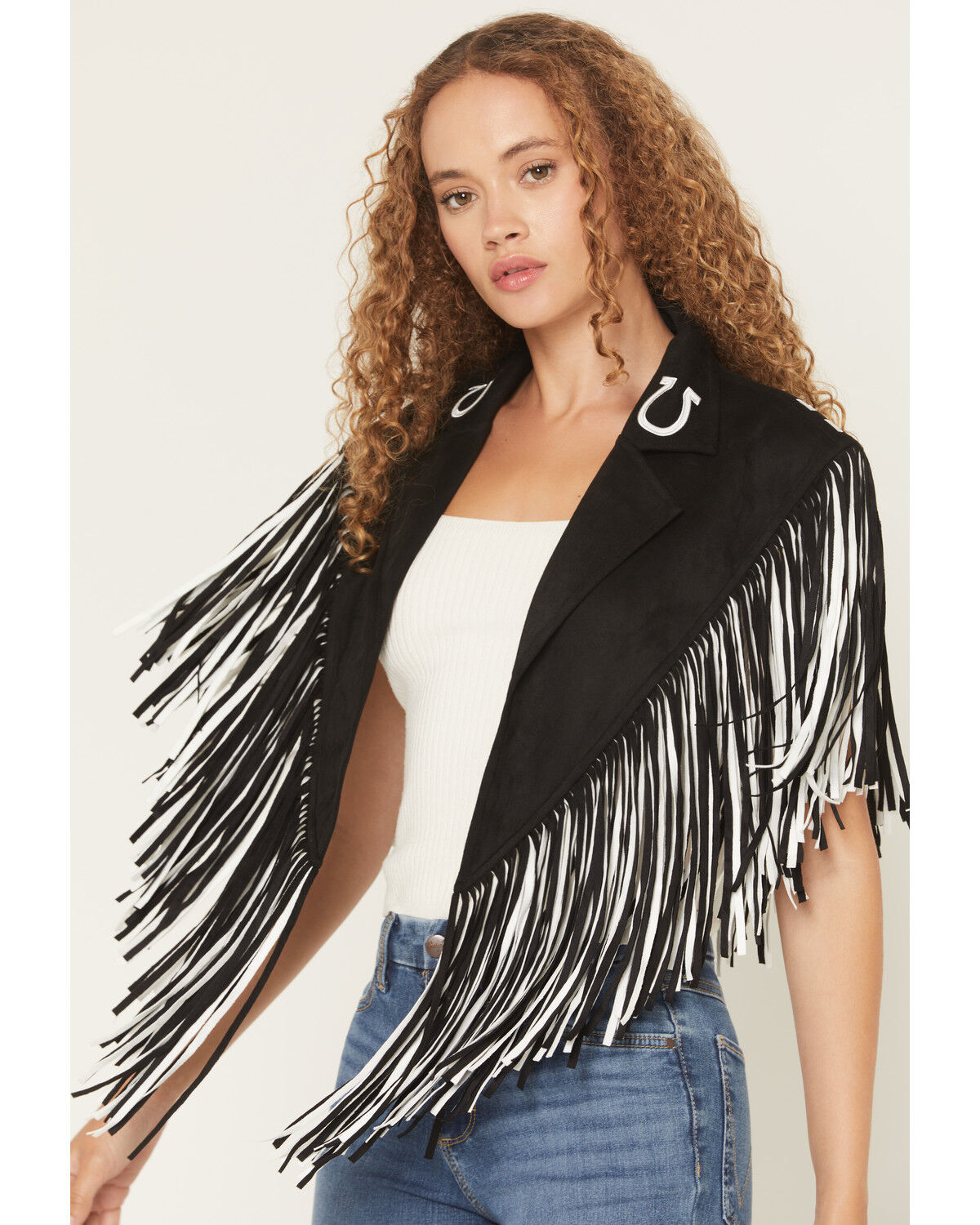 Image #1 - Saints & Hearts Women's Faux Suede Horseshoe Fringe Cape, Black, hi-res