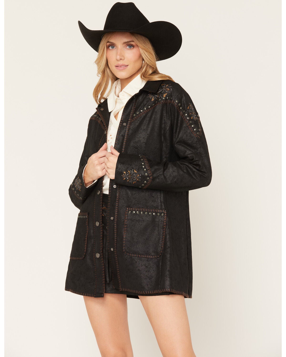 Image #1 - Shyanne Women's Faux Suede Metallic Embroidered Studded Jacket, Black, hi-res