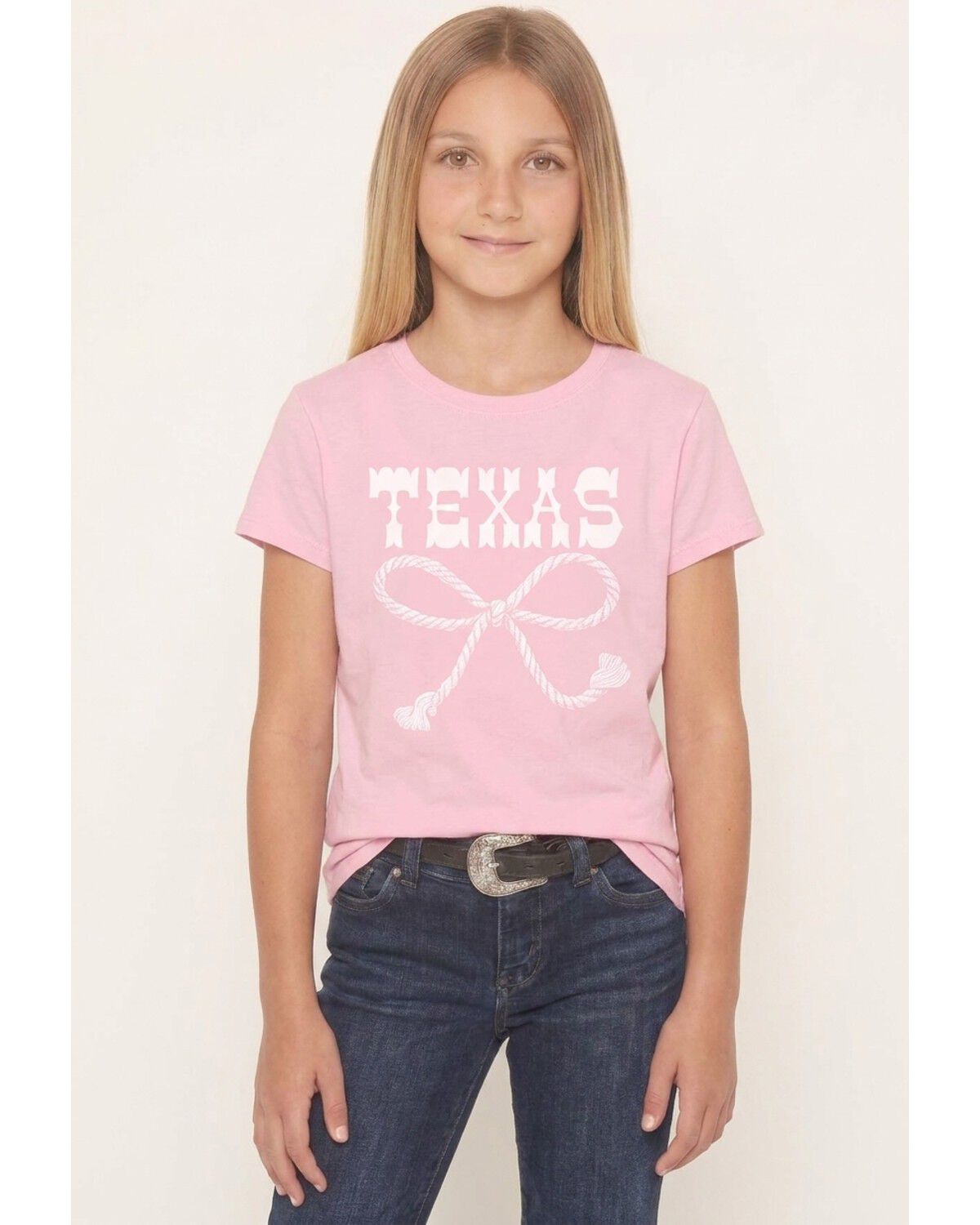 Americana Girls' Texas Rope Bow Short Sleeve Graphic Tee, Pink, hi-res