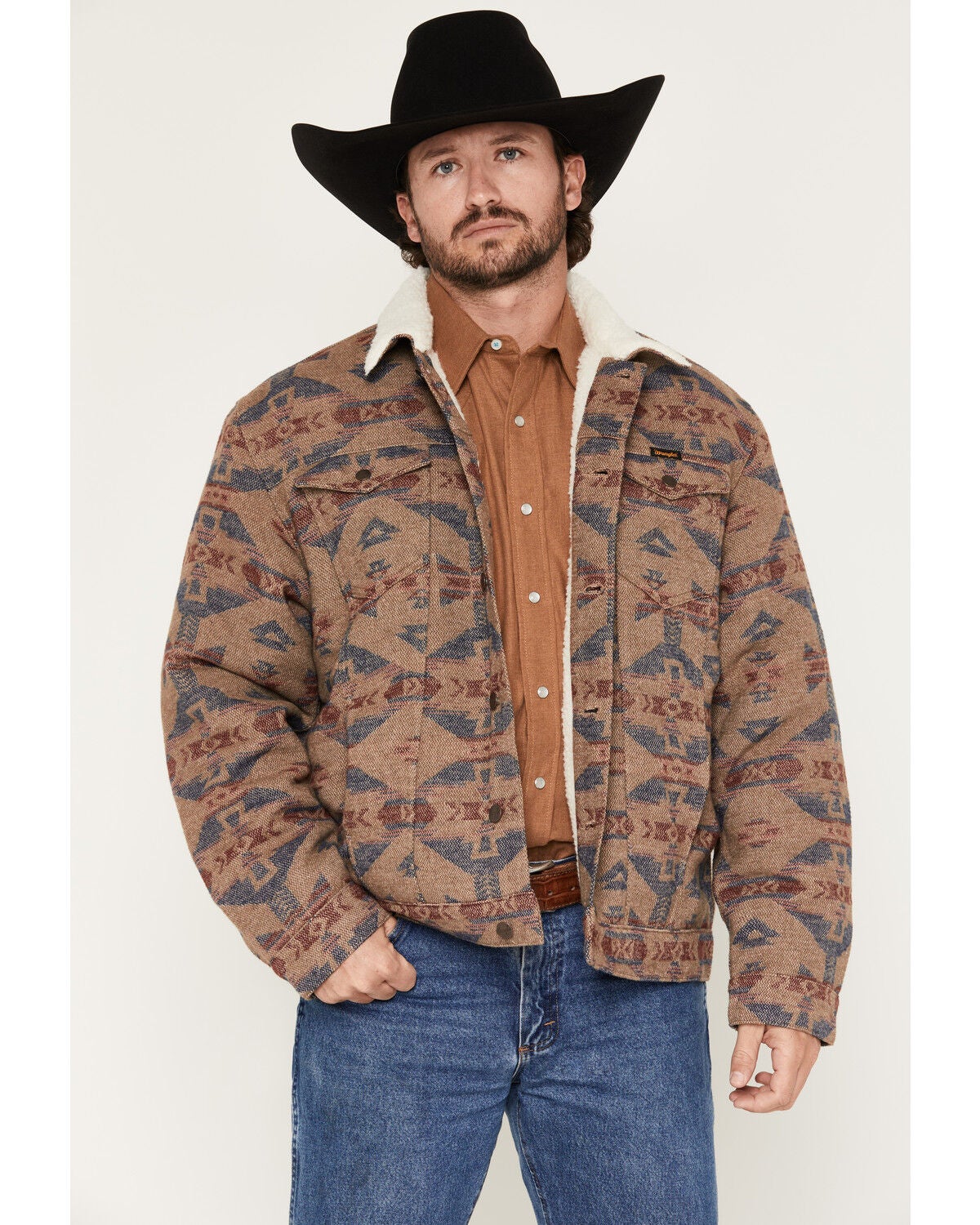 Wrangler Men's Southwestern Print Sherpa Lined Jacket, Taupe, hi-res