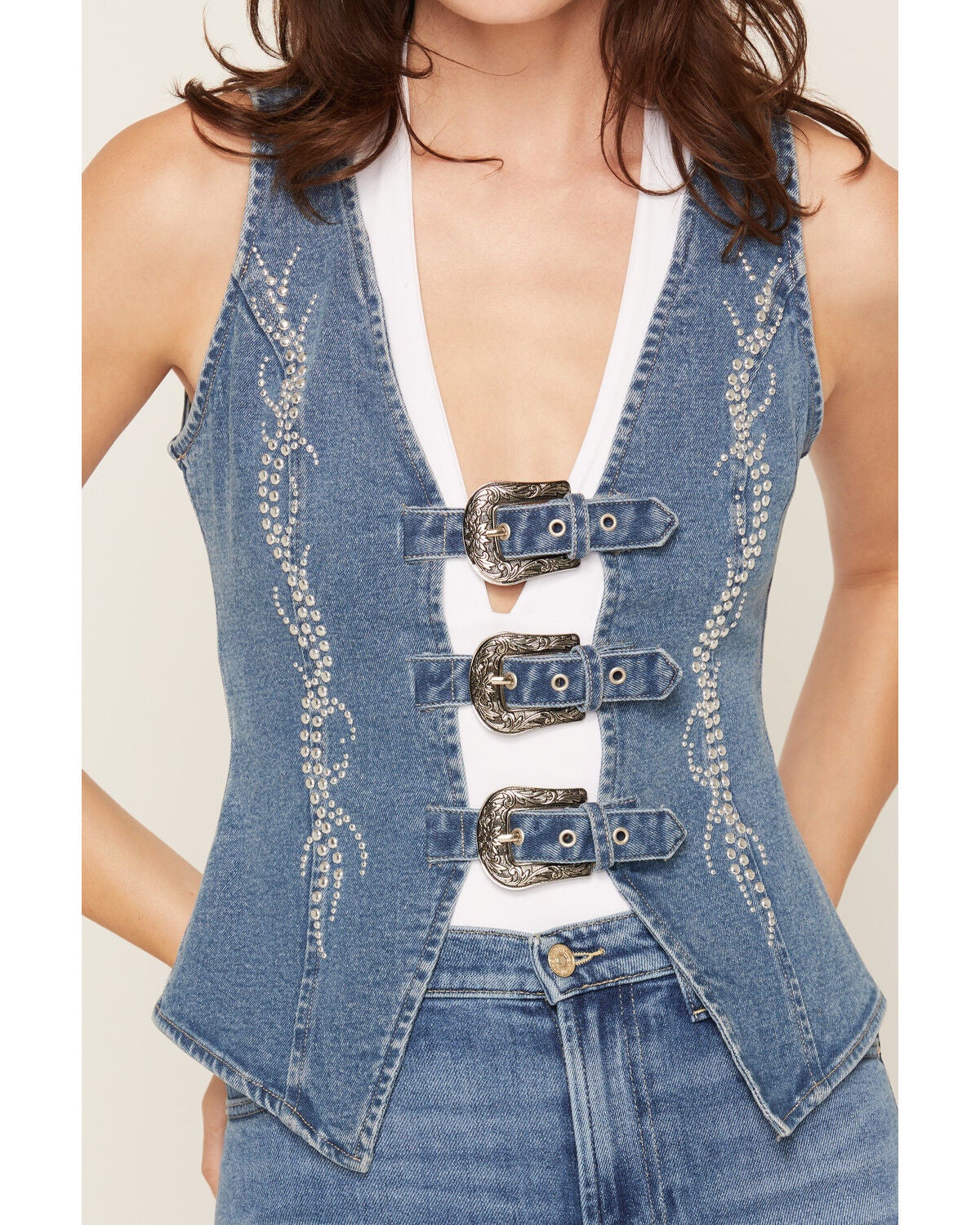 Image #3 - Blue B Women's Medium Wash Studded Buckle Denim Top, Medium Wash, hi-res