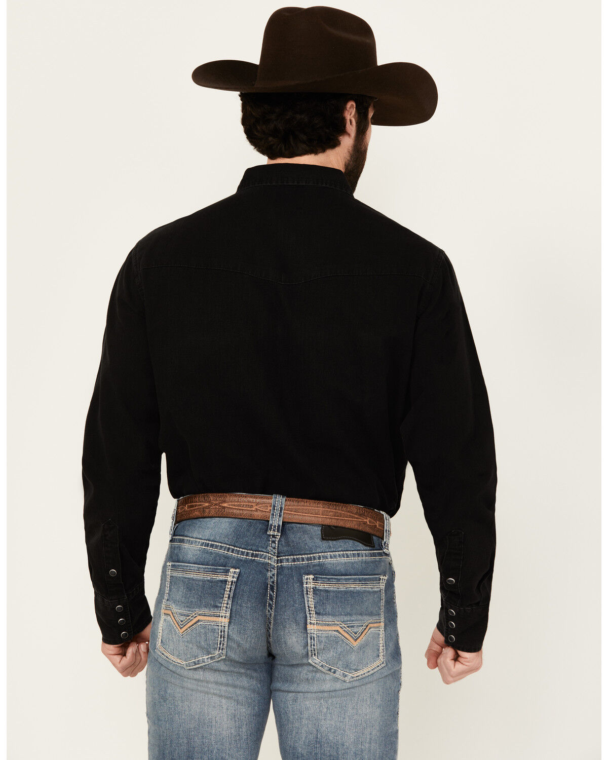 Image #4 - Wrangler Men's Solid Long Sleeve Snap Denim Western Shirt, Black, hi-res